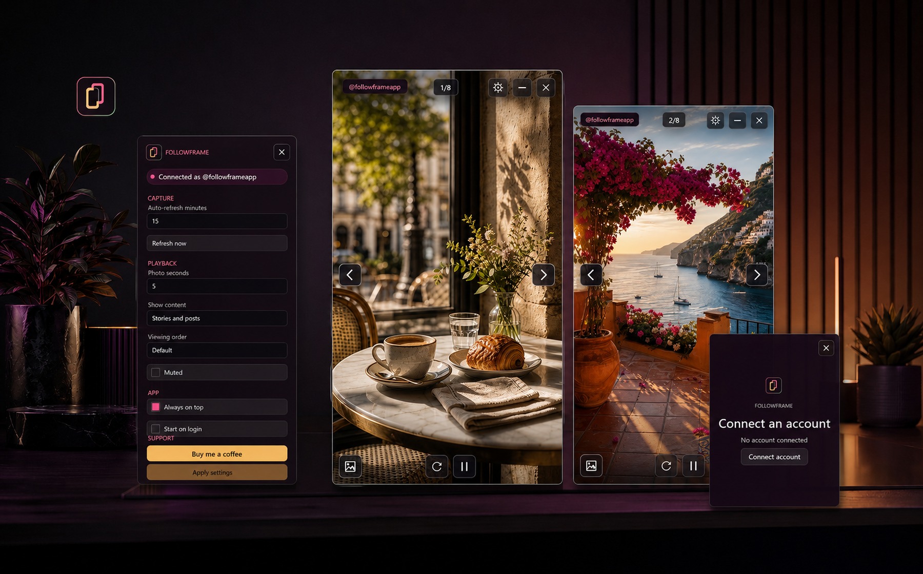 FollowFrame real app screens for an Instagram desktop frame staged on a polished desktop surface