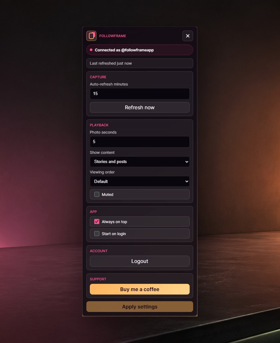 FollowFrame settings panel for Instagram content, order, refresh, and account controls